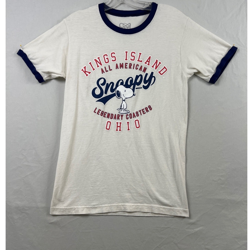 Cedar Fair Kings Island Snoopy Ringer T-Shirt Mens S White Navy Blue Graphic Tee
